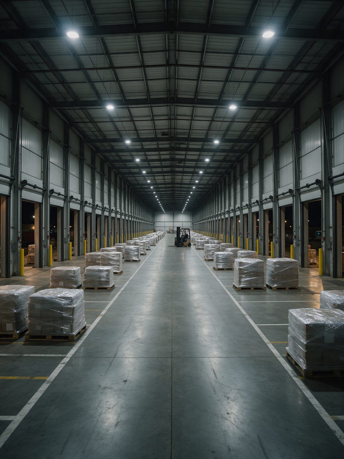 Gece aktarma salonu: karşılıklı rampa kapıları arasında zemin şeritlerine dizilmiş streçli paletler ve uzakta işaretsiz bir forklift